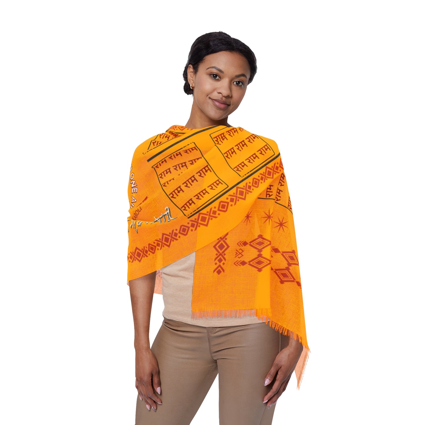 Neem Karoli Baba (Ram Ram) Scarf — Lightweight Orange Ritual Shawl with Sacred Script