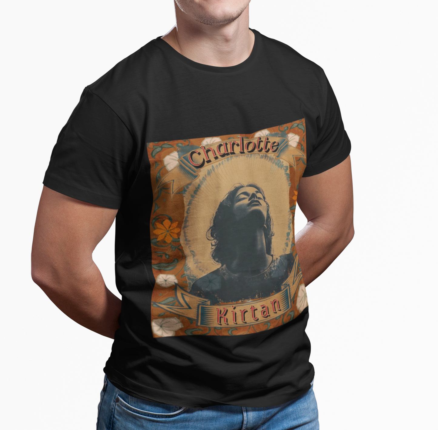 Charlotte Kirtan Retro Portrait T-Shirt — Vintage Floral Devotional Tee
