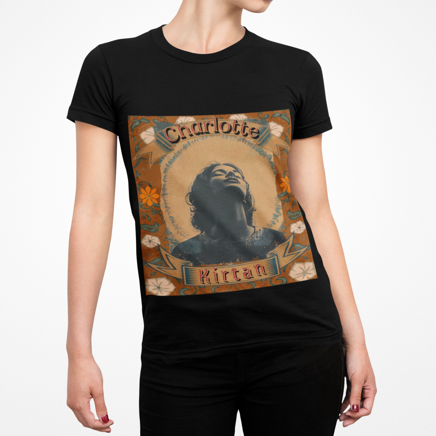 Charlotte Kirtan Retro Portrait T-Shirt — Vintage Floral Devotional Tee
