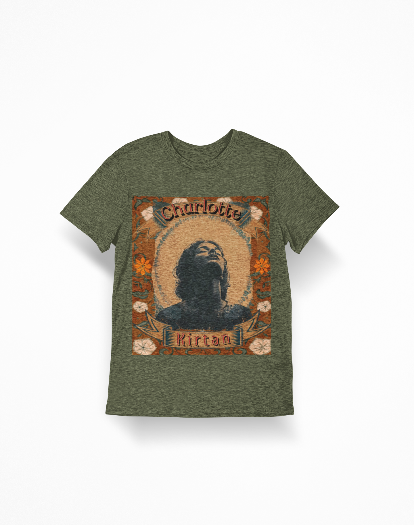 Charlotte Kirtan Retro Portrait T-Shirt — Vintage Floral Devotional Tee